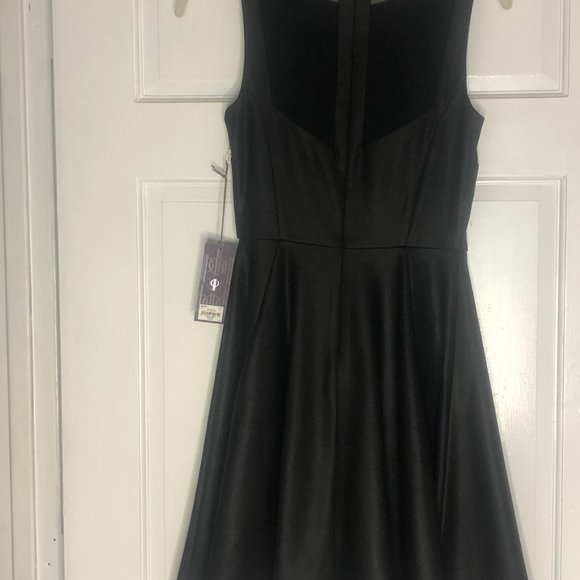 Jennifer Lopez Imitation Leather Mesh Cut Out High Neck Skater Dress Fit & Flare - Picture 2 of 5